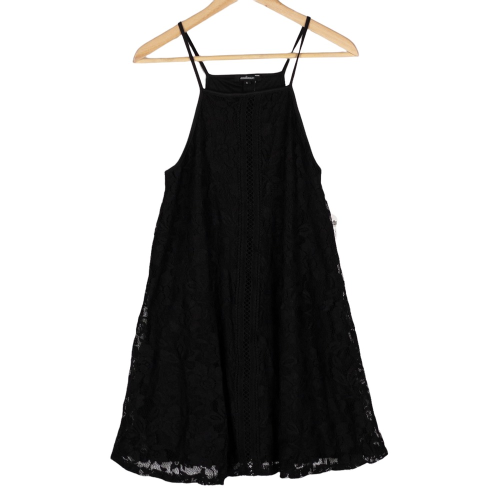 Ambiance Swing Babydoll Dress Womens Sz Small Black Lace Spaghetti Strap New